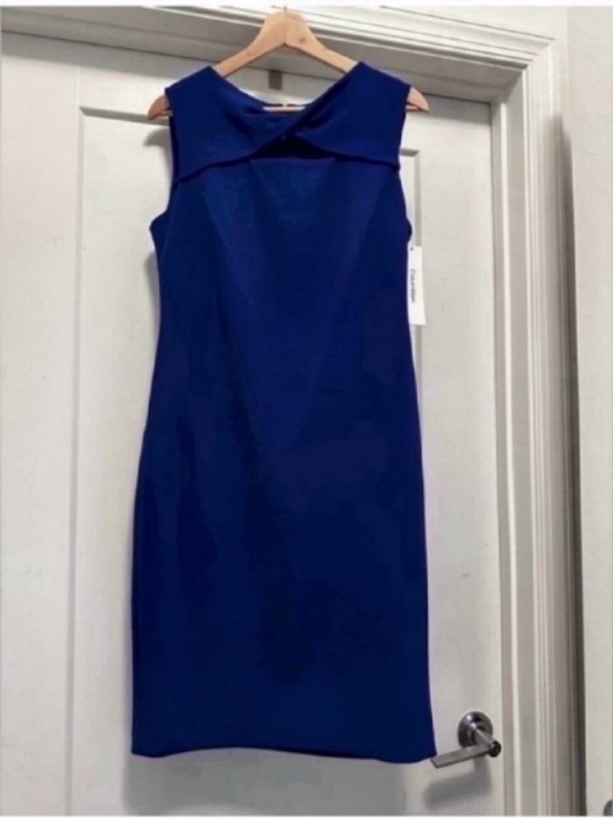 Nwt! Blue Calvin Kleinsleeveless Knotted Cut-Out Crew Neck Dress - Size 10
